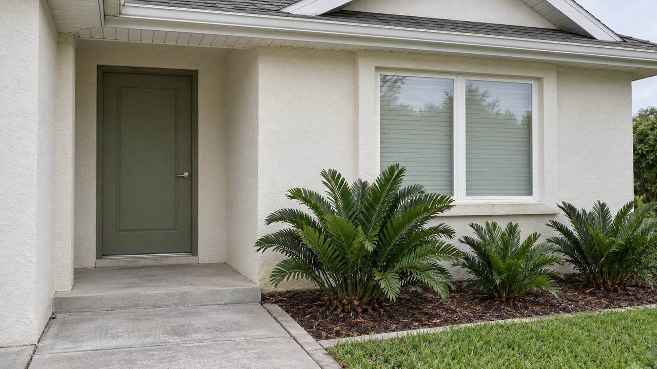 Cream stucco home entry with an olive door, white-framed window, concrete walk and three coontie plants.
