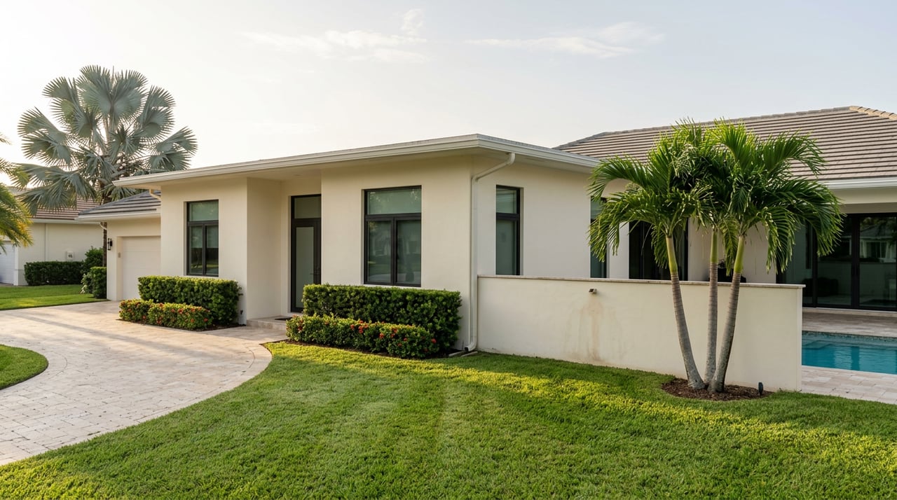 Contemporary stucco house with a deep green lawn, curved paver driveway, silver-blue fan palm, and turquoise pool.