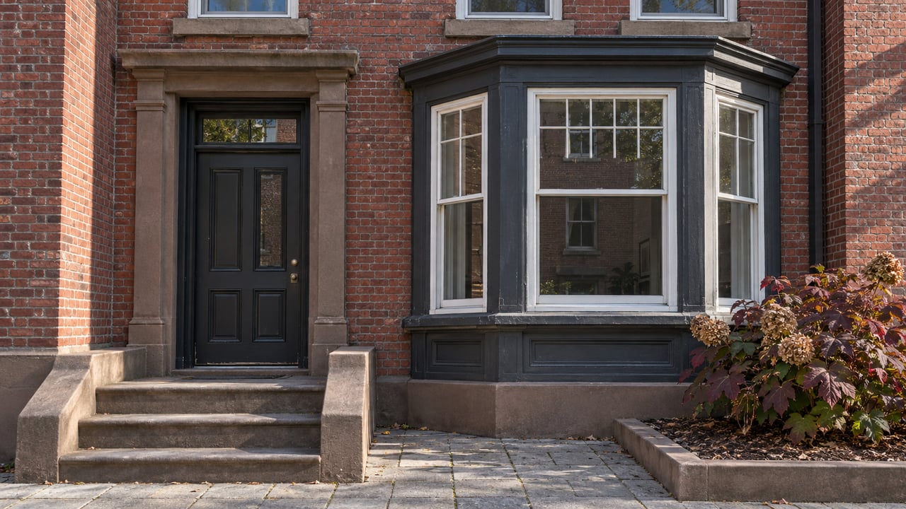 Red brick home entrance with worn brownstone steps, white sash windows in a projecting bay, and autumn oakleaf hydrangea beside a paved forecourt.