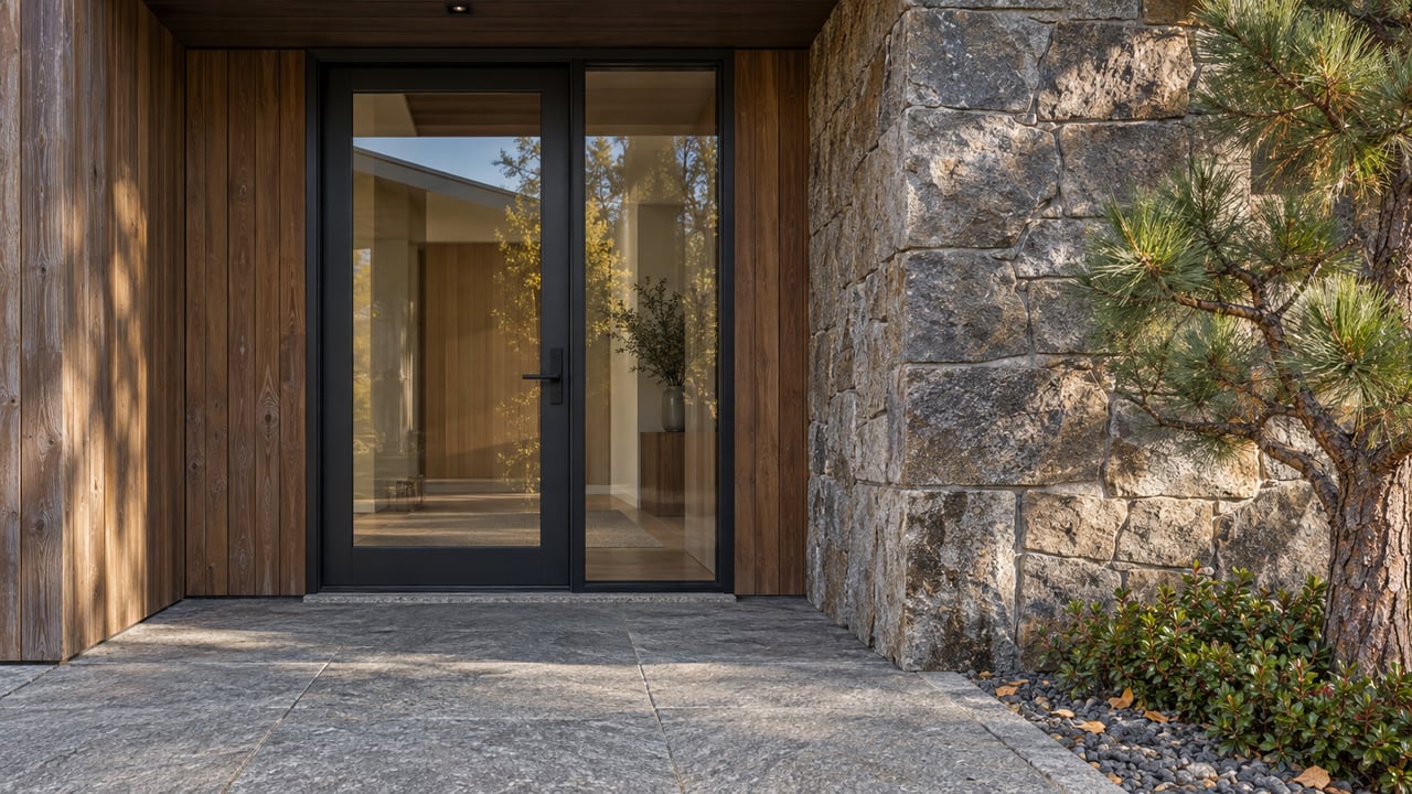 Modern home entrance with a black-framed glass door, wood siding, stone facade, and paved porch.