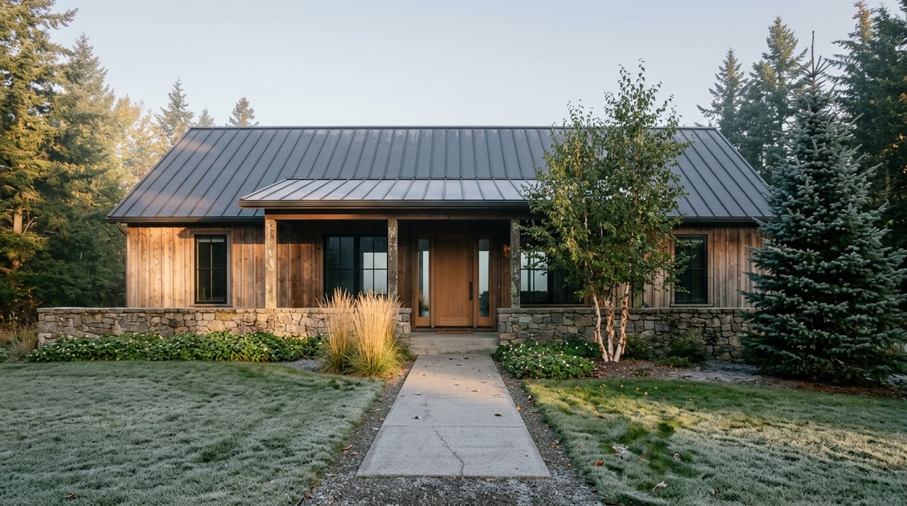 Cedar-and-stone home with a covered entry, frosted lawn, gravel-edged path, and spruce and birch trees.