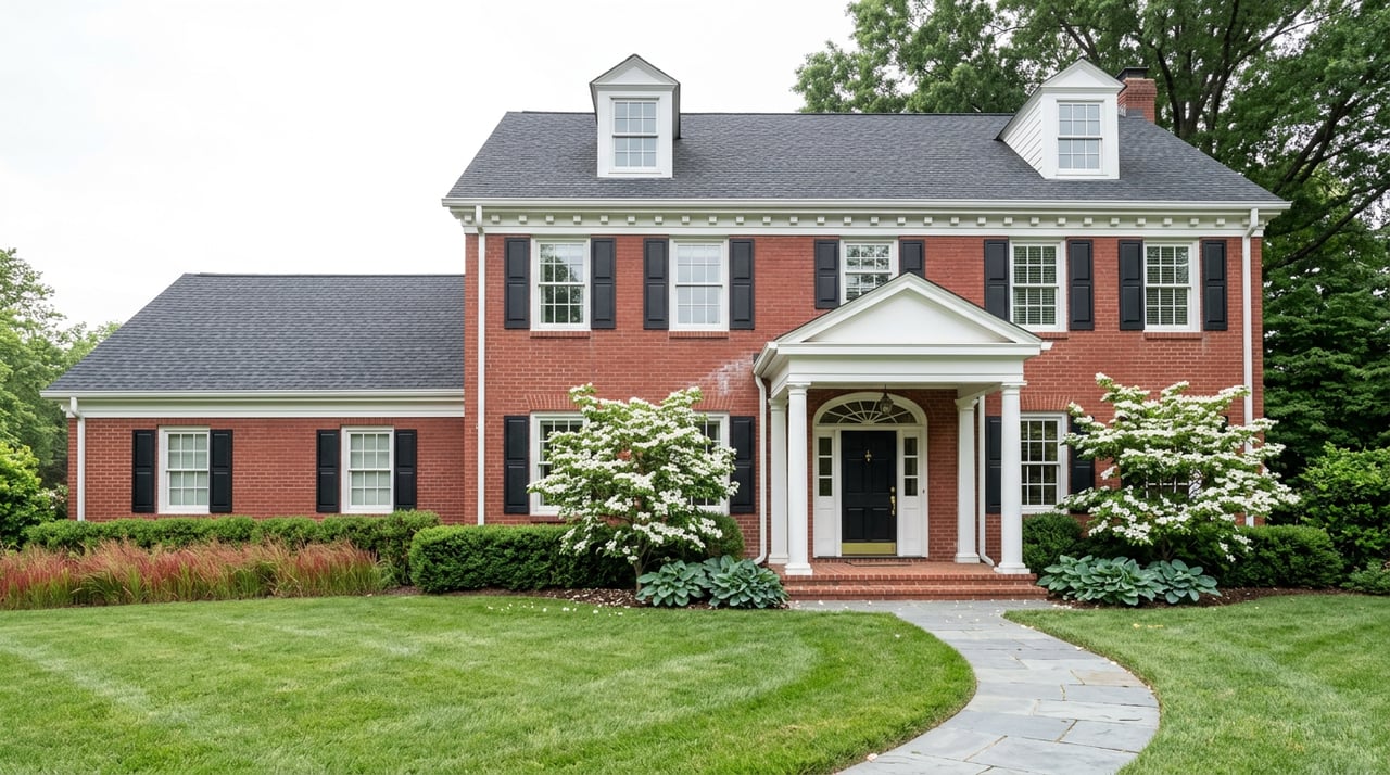 Red-brick Georgian house with a white-columned portico, curved bluestone path, and expansive lawn.