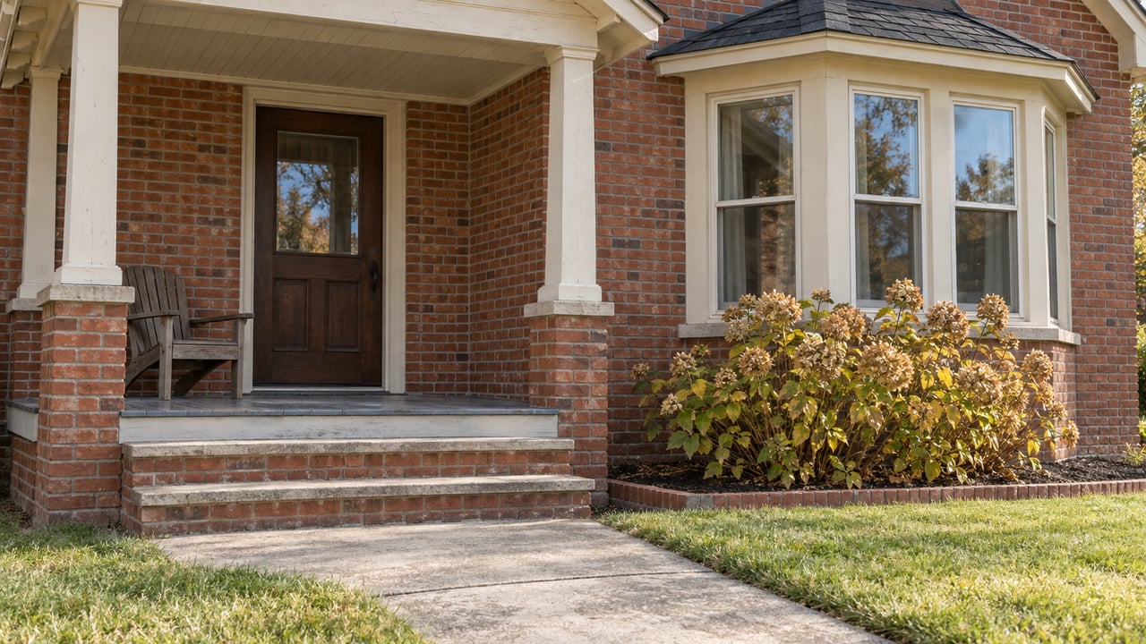 Sunlit brick home with a cream-painted covered porch, tall bay windows, brick steps and a concrete front walk beside a hydrangea.