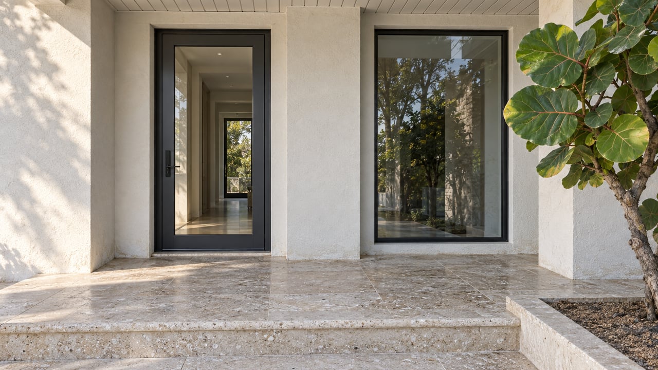 Sunlit white-stucco home entry with charcoal-framed glass door, limestone steps and sculptural sea-grape leaves.