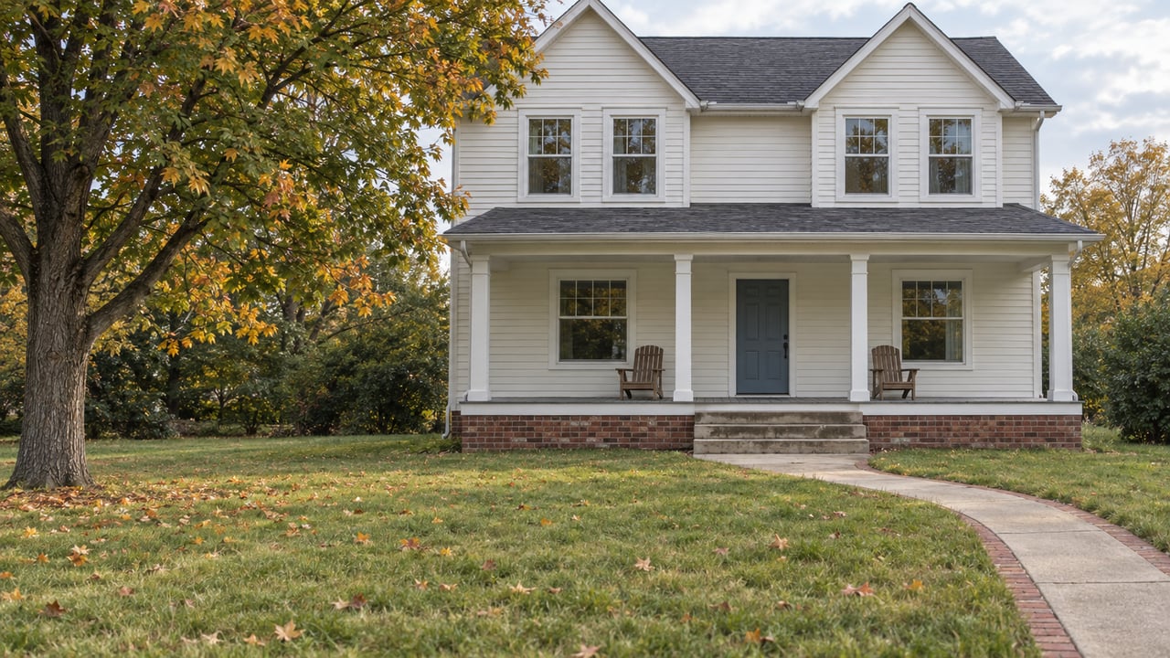 White porch-front house with gray gabled roofs, a deep lawn, a curved concrete walk, and a maple beginning to turn amber.