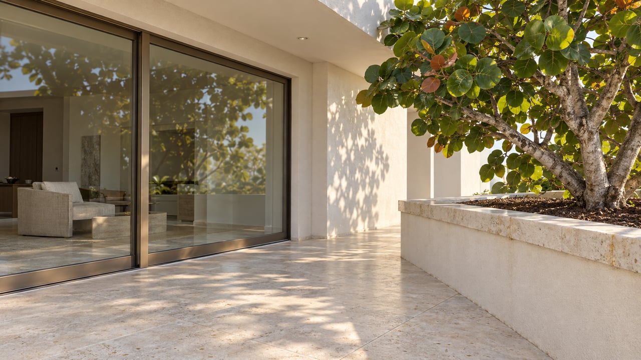 Sunlit limestone condominium terrace with ivory stucco, bronze-framed glass doors, and a sea grape tree in a raised planter.