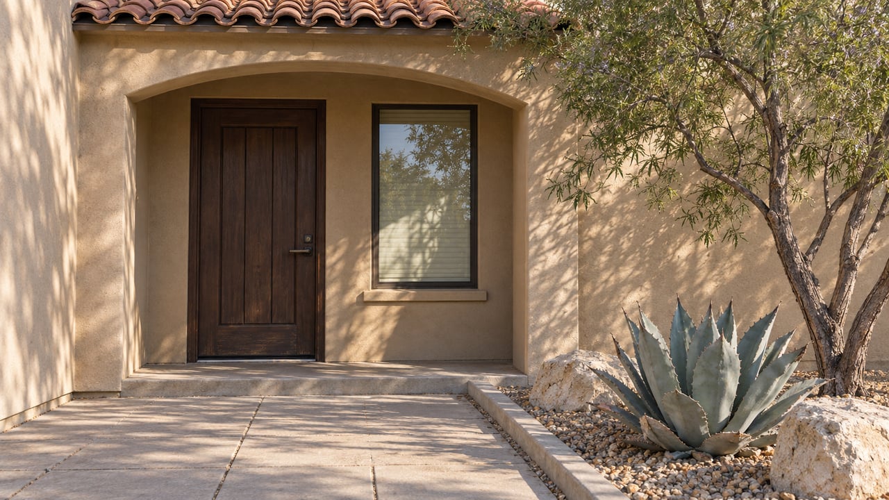 Warm stucco entry with a clay-tile porch roof, dark wood door, buff paving and a desert willow beside a blue-gray agave.