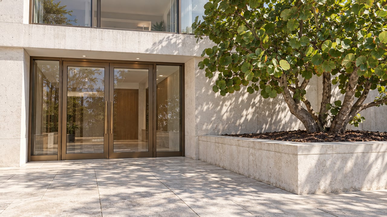Pale stone approach to a bronze-framed glass residential entrance beside a raised planter containing a mature sea grape tree.