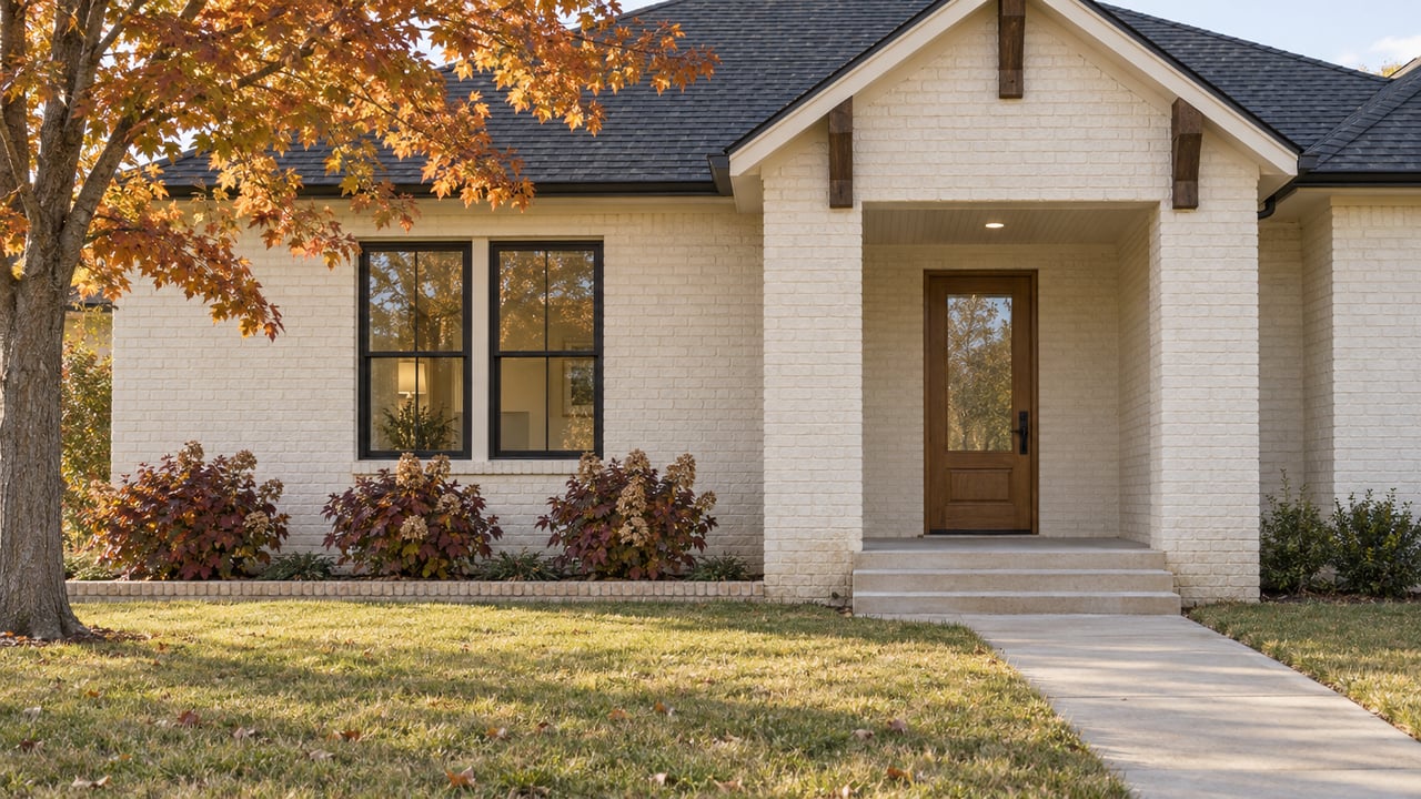 Light-brick home with an oak front door, charcoal gable roof, broad autumn lawn, and amber maple foliage.