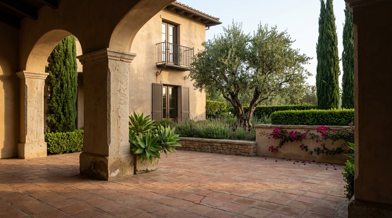 Stone loggia frames a terracotta terrace, olive tree, cypress, and stucco home with iron balcony.