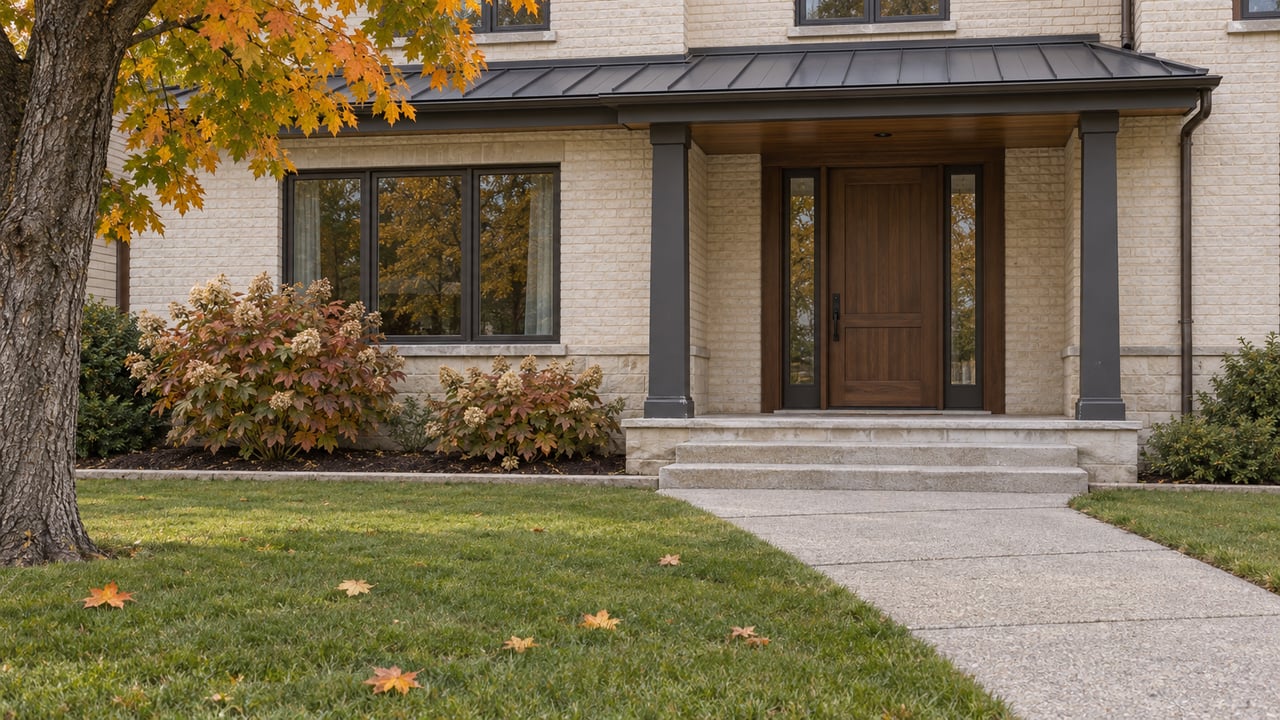 Autumn lawn and sugar maple beside a warm ivory brick home with a covered walnut entry, limestone steps and oakleaf hydrangeas.