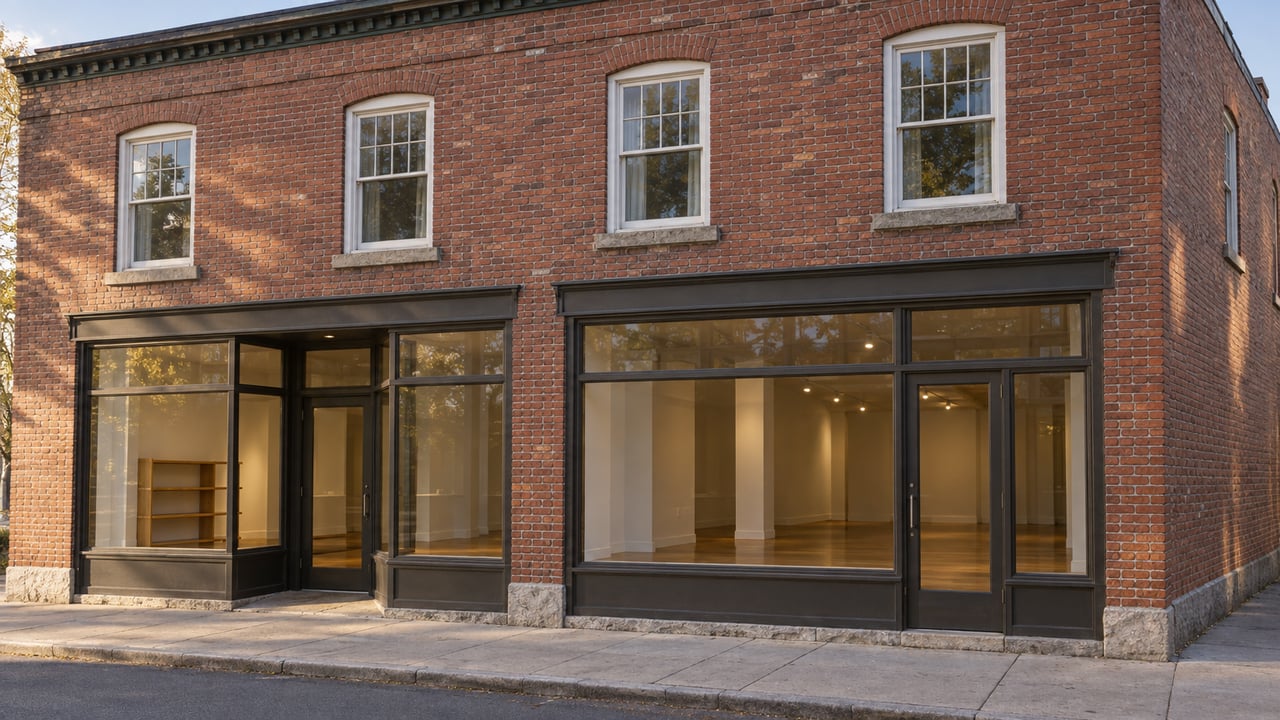 Two-story red-brick mixed-use building with four upper windows and two glazed storefronts, one interior lit.