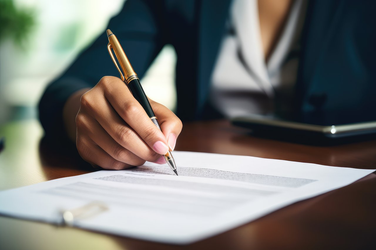 A real estate agent in formal attire signs a document with a pen on a wooden desk, utilizing career resources to enhance their skills within a nationwide network.