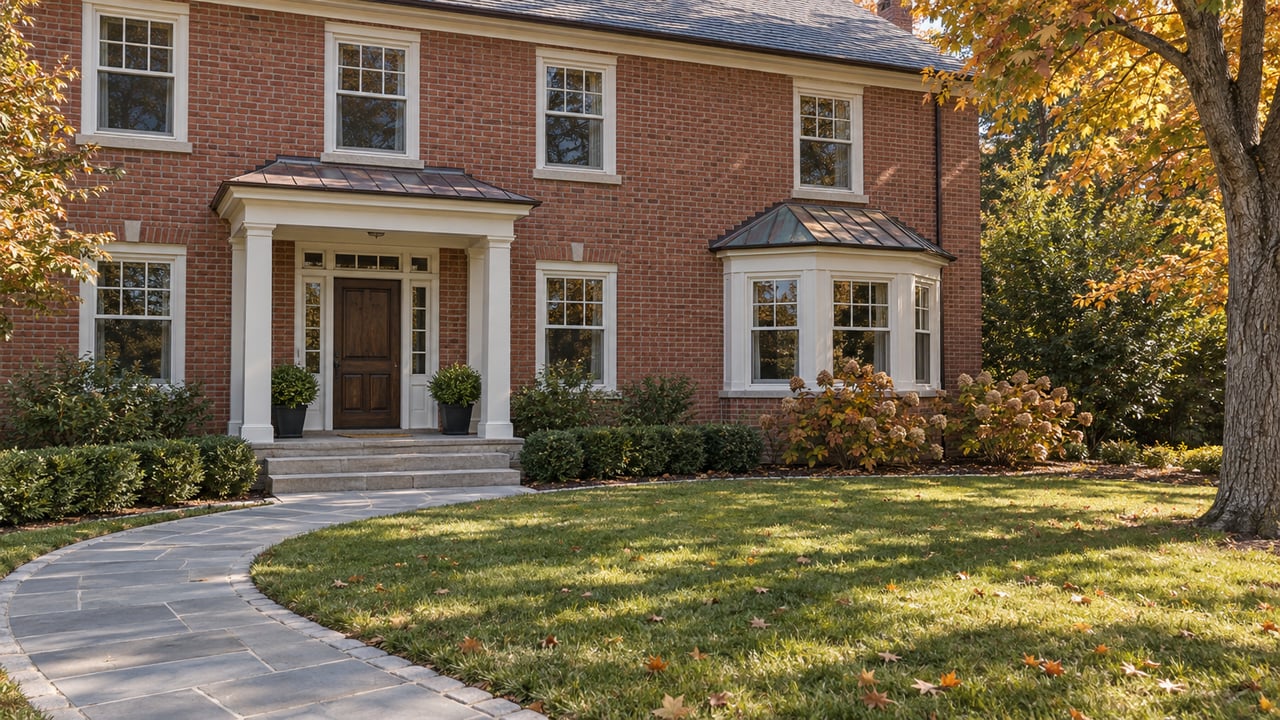Autumn sunlight falls across a brick home, broad front lawn, limestone entrance steps, and an amber-leaved maple.