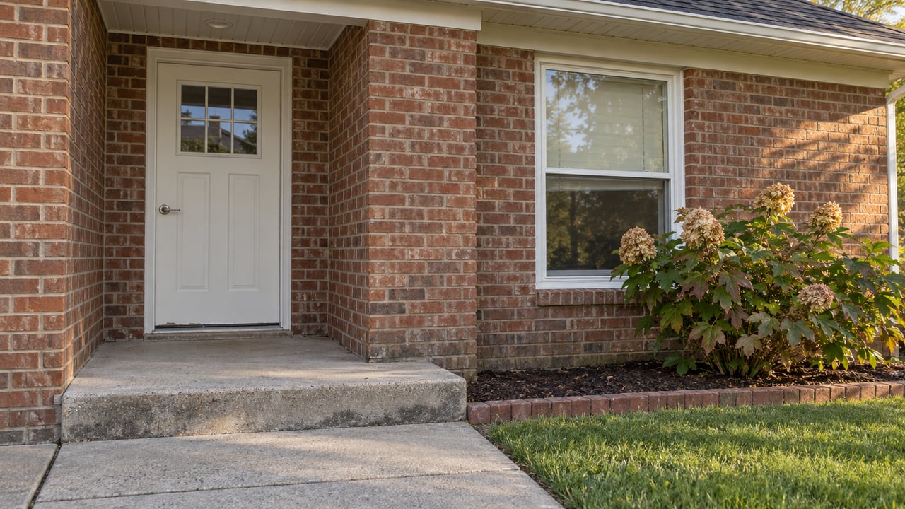 Brick house entry with a white door, concrete steps, and a flowering shrub beside the lawn.