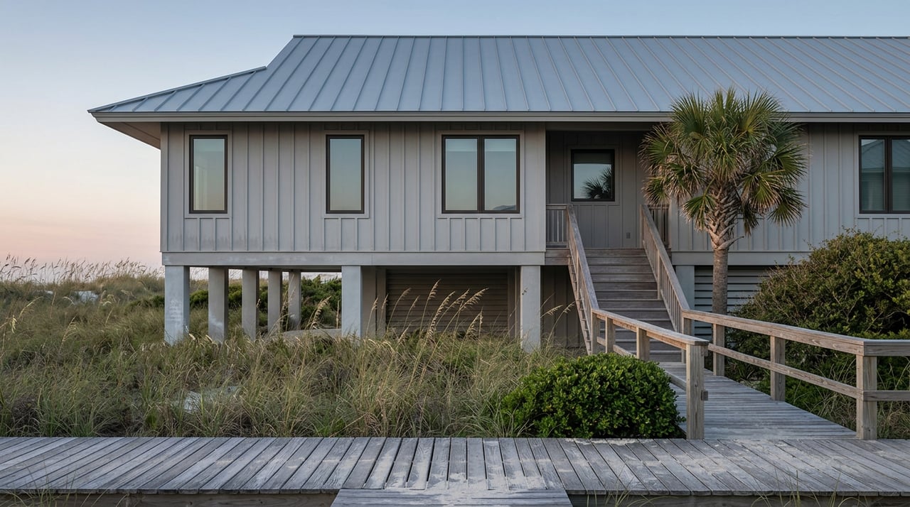 Elevated coastal house beyond dune grass, with a weathered boardwalk leading to stairs and a nearby palmetto.
