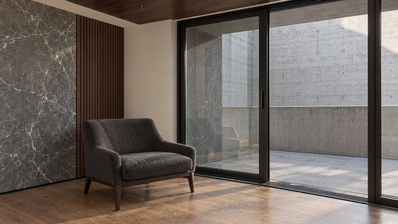 Close view of an apartment living room with a charcoal lounge chair, gray marble wall, walnut detailing and a closed glass door to a concrete terrace.