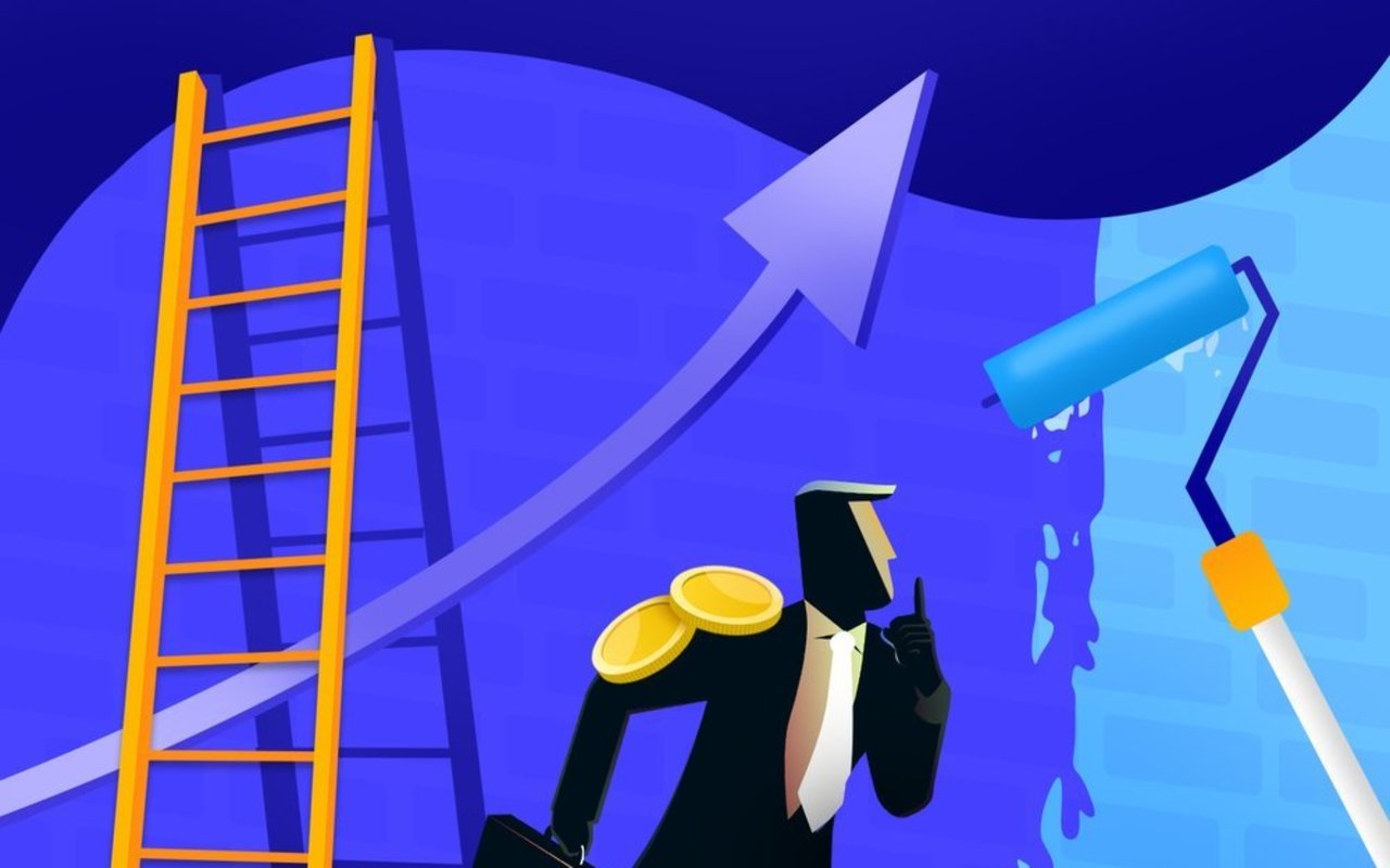 Illustration of a person beneath a ladder with coins, an upward arrow, and a paint roller.