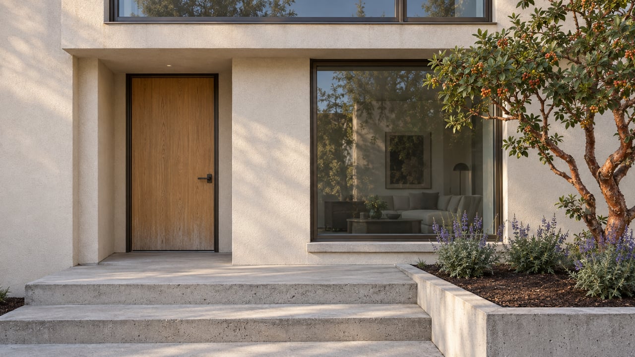 Sunlit ivory stucco home entry with an oak door, bronze-framed windows, concrete steps and a sculptural strawberry tree.