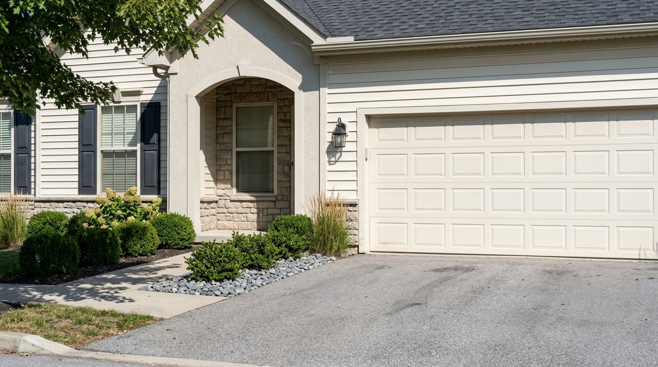 House with an arched stone-veneer entry, cream siding, black shutters, and foundation plantings.