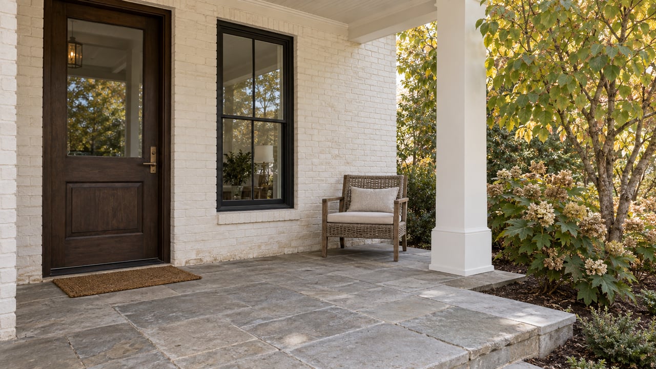 A quiet covered porch with white painted brick, a dark oak door, limestone paving and autumn-touched planting.