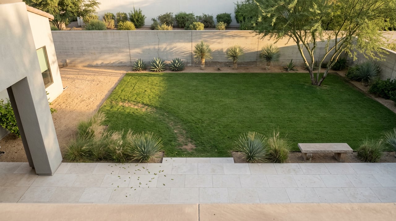 Elevated view of a limestone patio and turf lawn, with a low concrete wall, desert plants, and a multi-trunk tree.