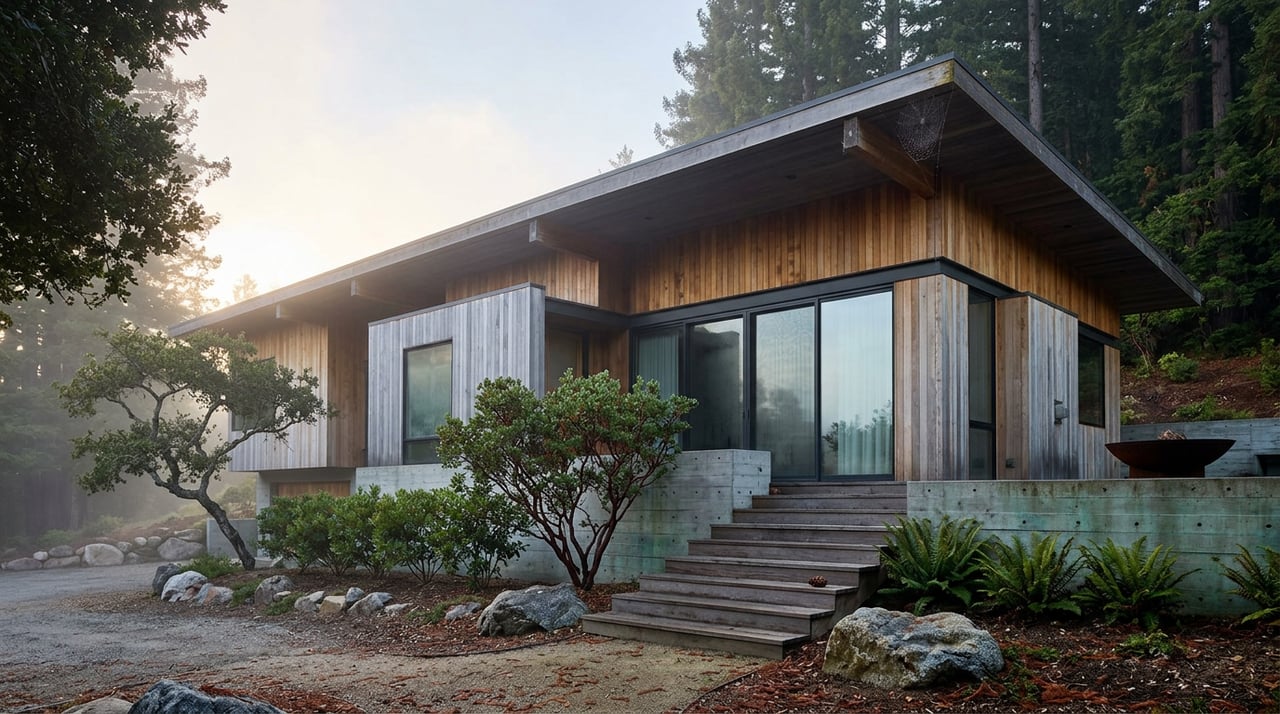 Contemporary cedar-and-concrete home on a wooded slope, with redwoods behind and native plants along the entry path.