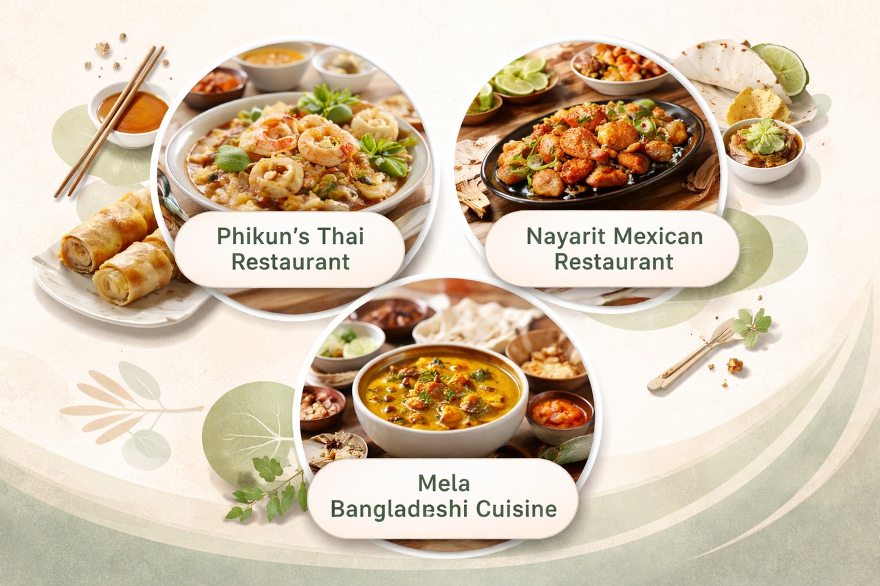 Create a clean, modern graphic for a “Best of Pullman” blog. Theme: Best Food in Pullman, WA. Include subtle food icons like bowls, plates, or utensils. No people and no text overlays. Use a neutral, professional color palette with a warm, welcoming local feel.