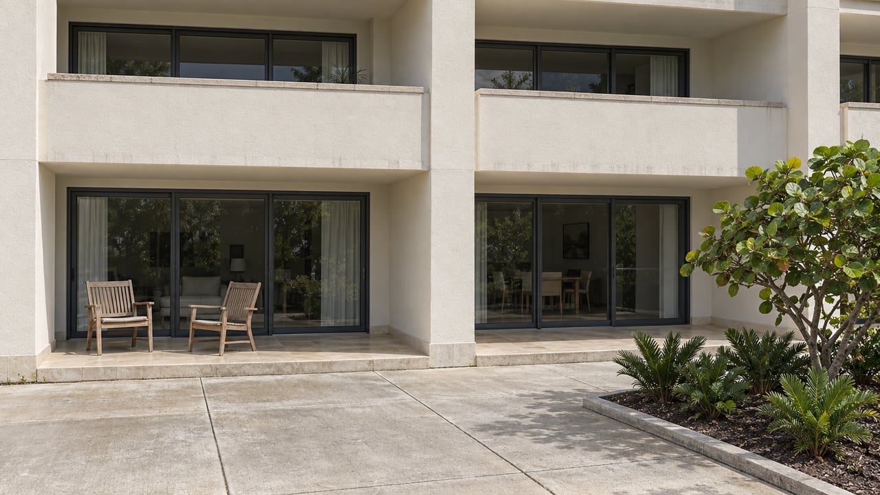 Modern stucco condominium with recessed balconies, sliding glass doors, a patio, and tropical landscaping.