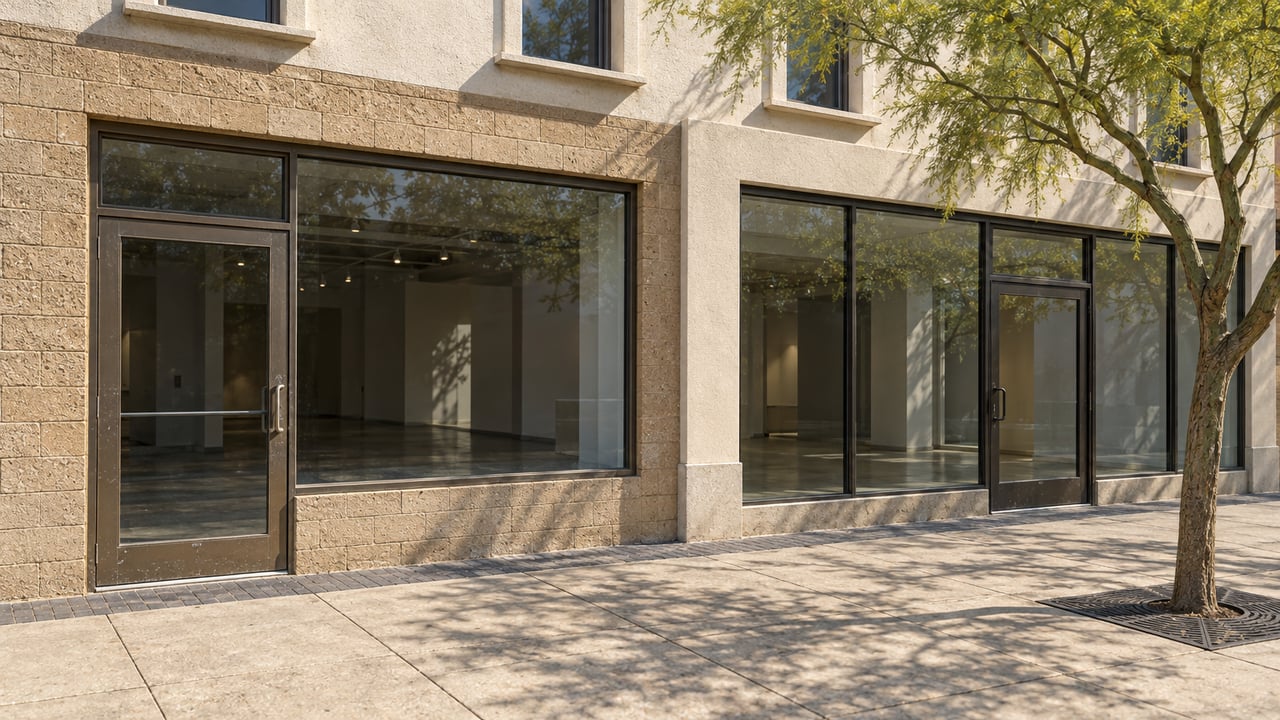 Two adjoining storefronts beneath recessed upper-story windows, with a sidewalk tree casting shadows across the paving.