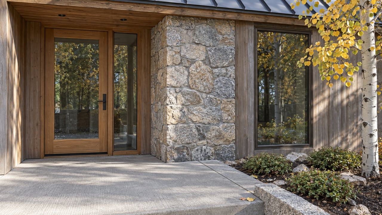 Covered home entry with weathered cedar siding, a granite pier, closed glass door, and an aspen beside a stepped concrete landing.