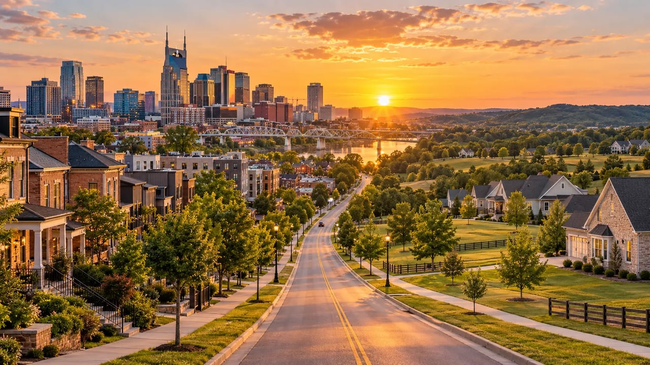 Davidson County Nashville skyline compared with suburban homes in Wilson County, Tennessee