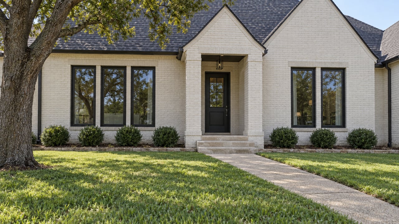 Ivory-painted brick home with steep charcoal gables, black-framed windows, a sheltered entry, and a broad lawn beneath a mature oak.