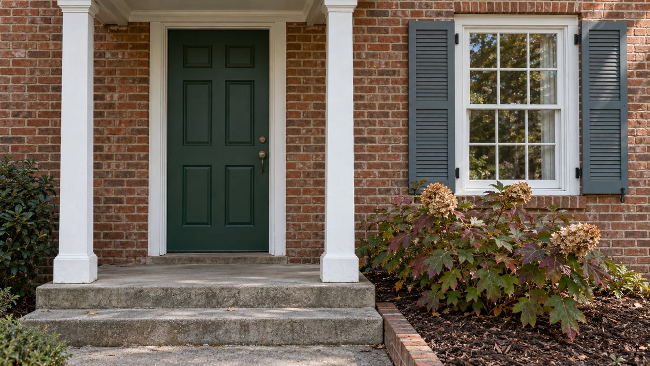 A green front door beneath a white timber porch on a brick home, beside a shuttered window and an autumn oakleaf hydrangea.