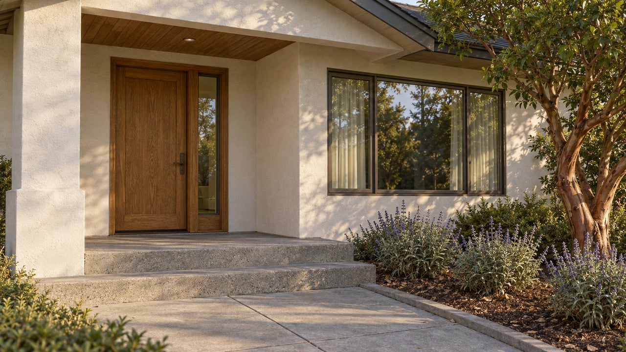 Sunlit stucco home entry with an oak door, bronze-framed window, concrete steps and a cinnamon-barked tree.