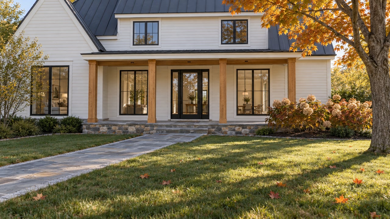 Morning light on a white clapboard home with black-framed windows, a stone approach, deep lawn and autumn maple.