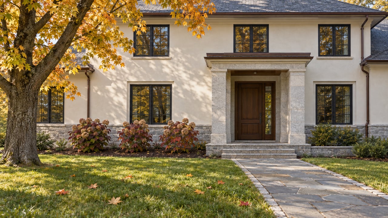 Autumn sunlight on an ivory house with granite entry steps, black-framed windows, and a sugar maple above a deep front lawn.