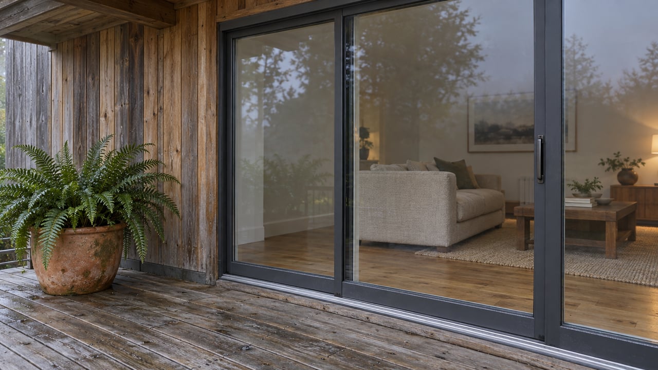 Weathered cedar deck and siding beside closed glass doors revealing a warm, simply furnished living room, with a sword fern in a terracotta pot.