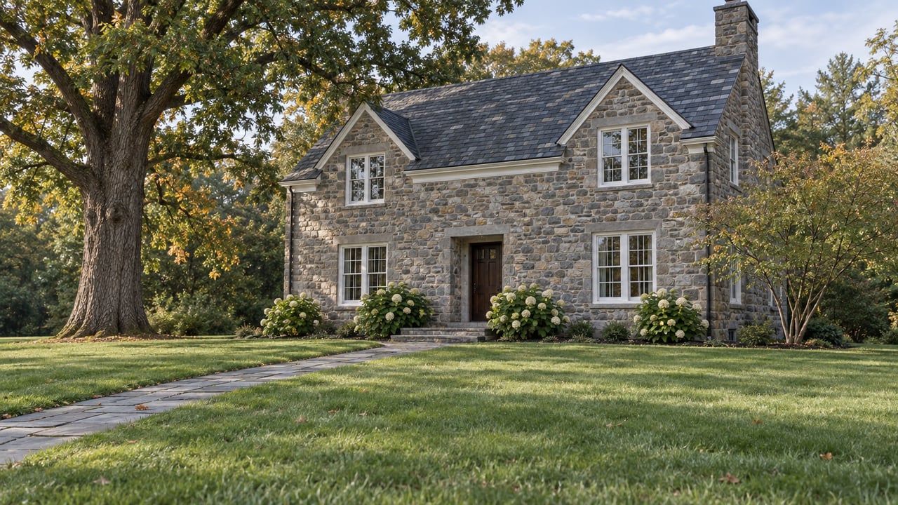 Two-story fieldstone house with a dark slate roof, approached by a bluestone path beneath a mature oak.