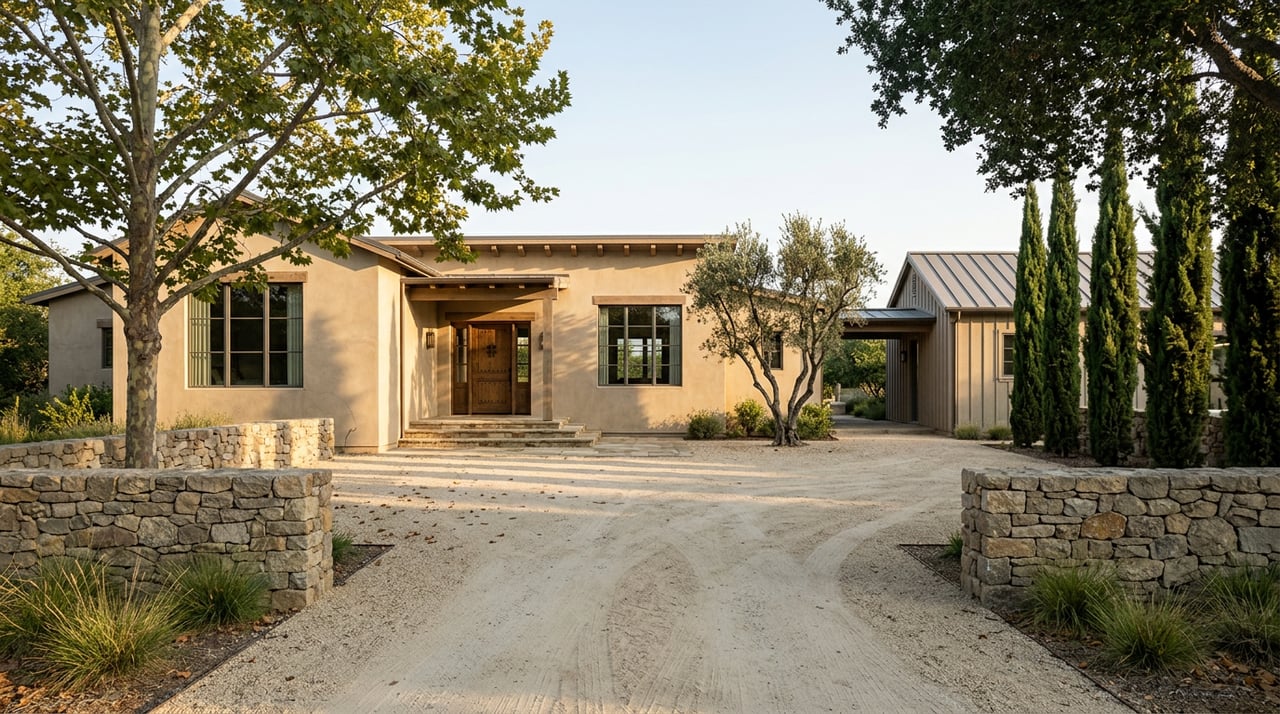 Single-story stucco house with timber overhangs, stone-walled gravel drive, and a breezeway to a detached outbuilding.
