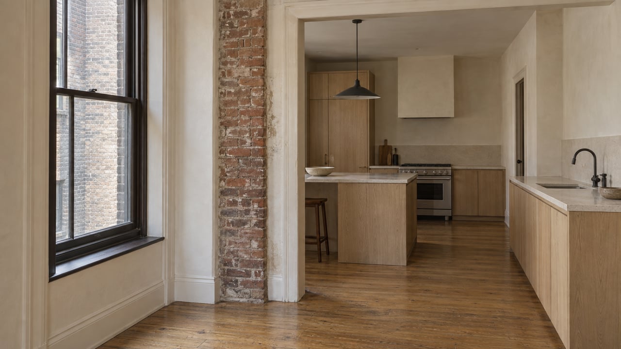 Townhouse parlor opens to a rear kitchen, with a brick pier, oak cabinets, and a tall sash window.