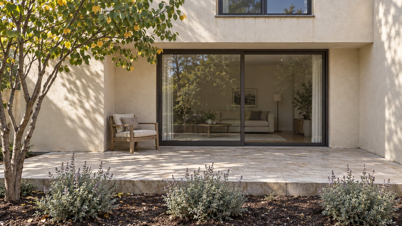 Sunlit stucco condominium terrace with bronze-framed glazing, limestone paving and a small western redbud tree.