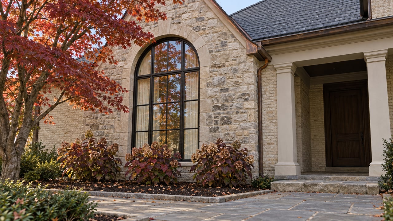 Autumn maple foliage beside an arched black-framed window, weathered limestone gable, and recessed porch of a large masonry home.
