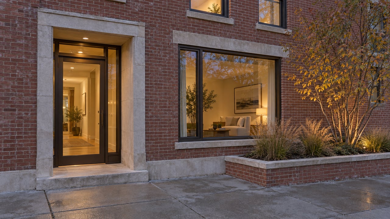 Brick residential entrance beside a glazed lounge window, with warm interior light and a small tree in a raised planter.