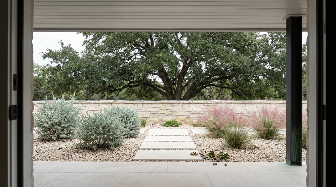 Covered limestone porch opening onto a gravel garden, dry-stacked stone wall, and spreading live oak.