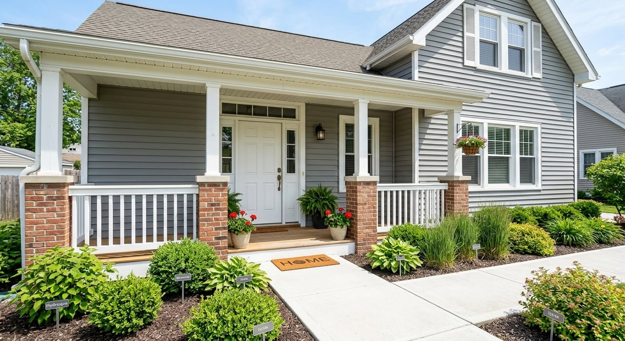 Gray-sided home with a white glass-paneled front door, brick porch piers, steps, and trimmed shrubs.