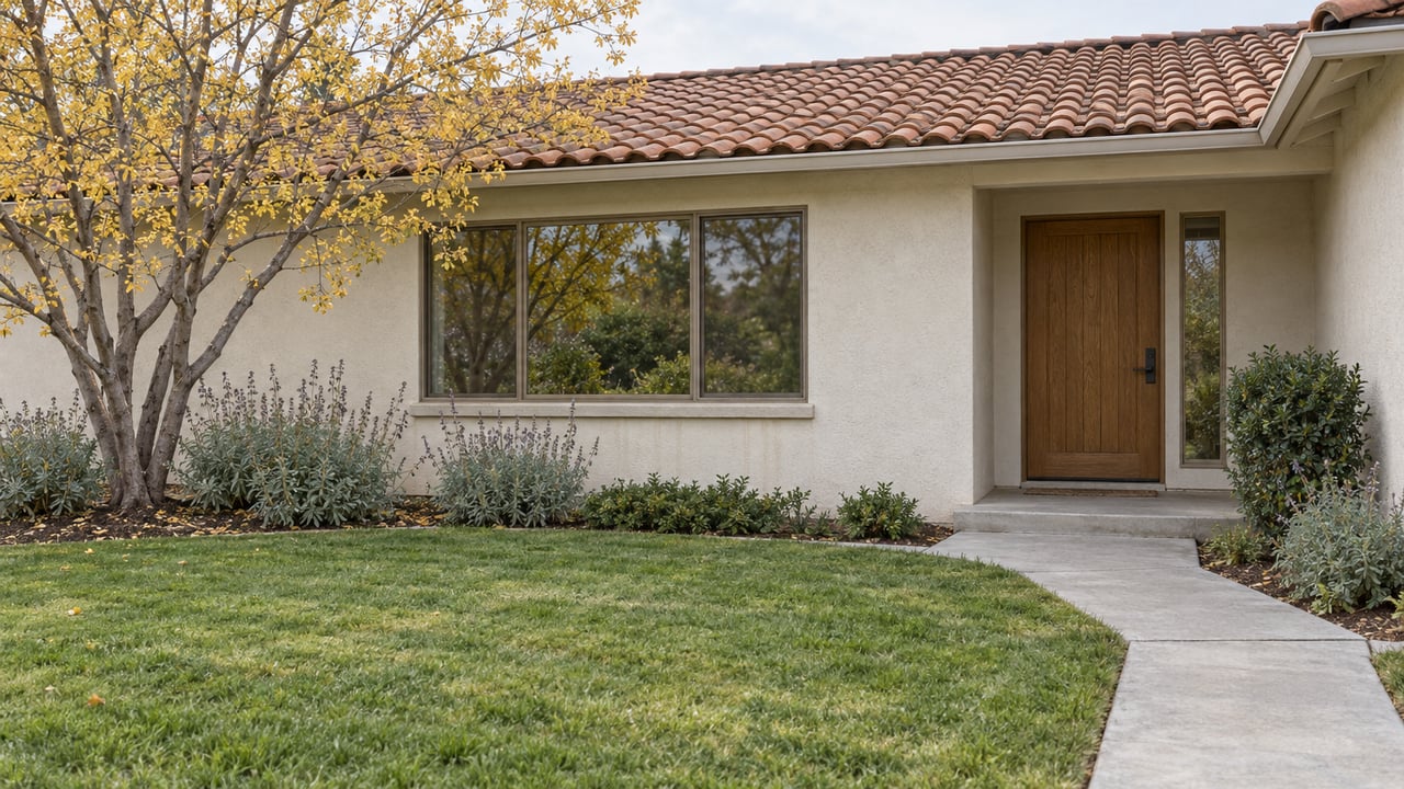 Single-story stucco home with terracotta roof, an oak entrance, and a concrete walk beside a lawn and autumn redbud.