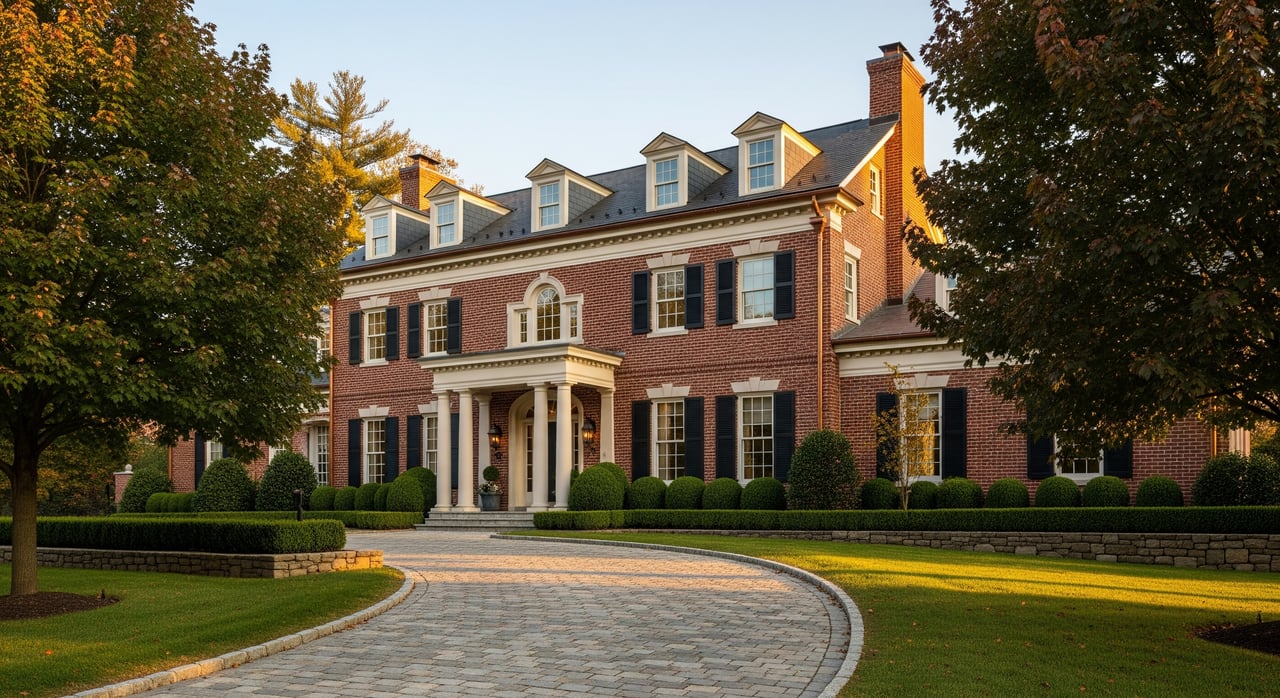 Large red-brick mansion with white columns, dormer windows, and a curved stone driveway framed by trees.