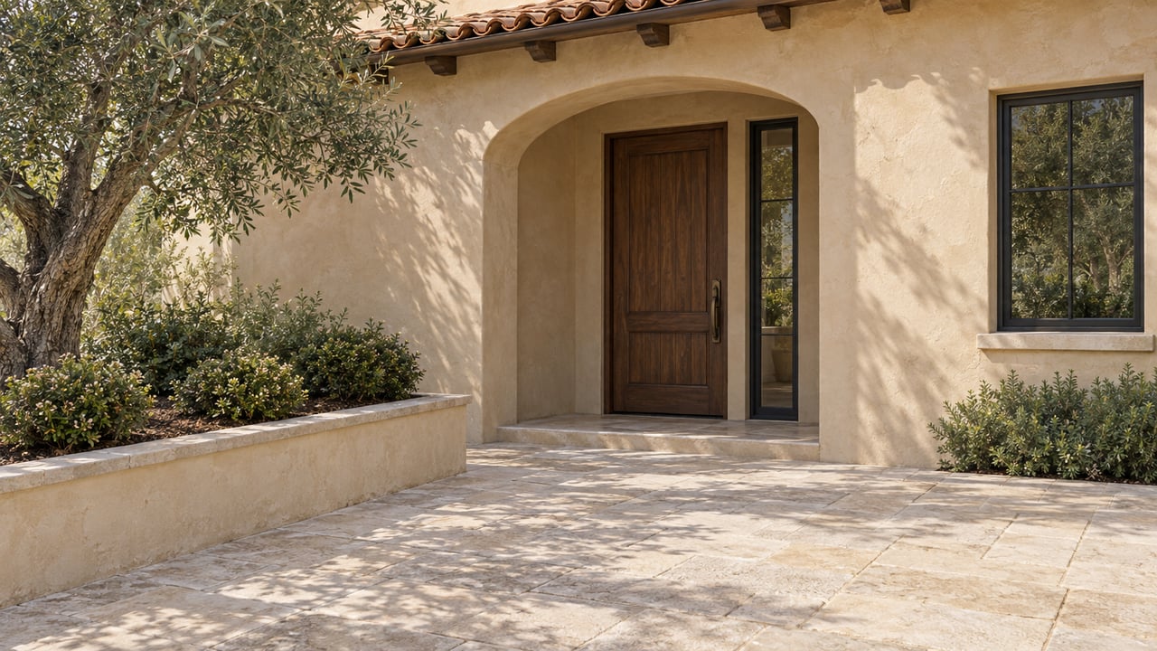 Recessed timber front door beneath a plaster arch, beside a sidelight, olive tree, and pale stone forecourt.