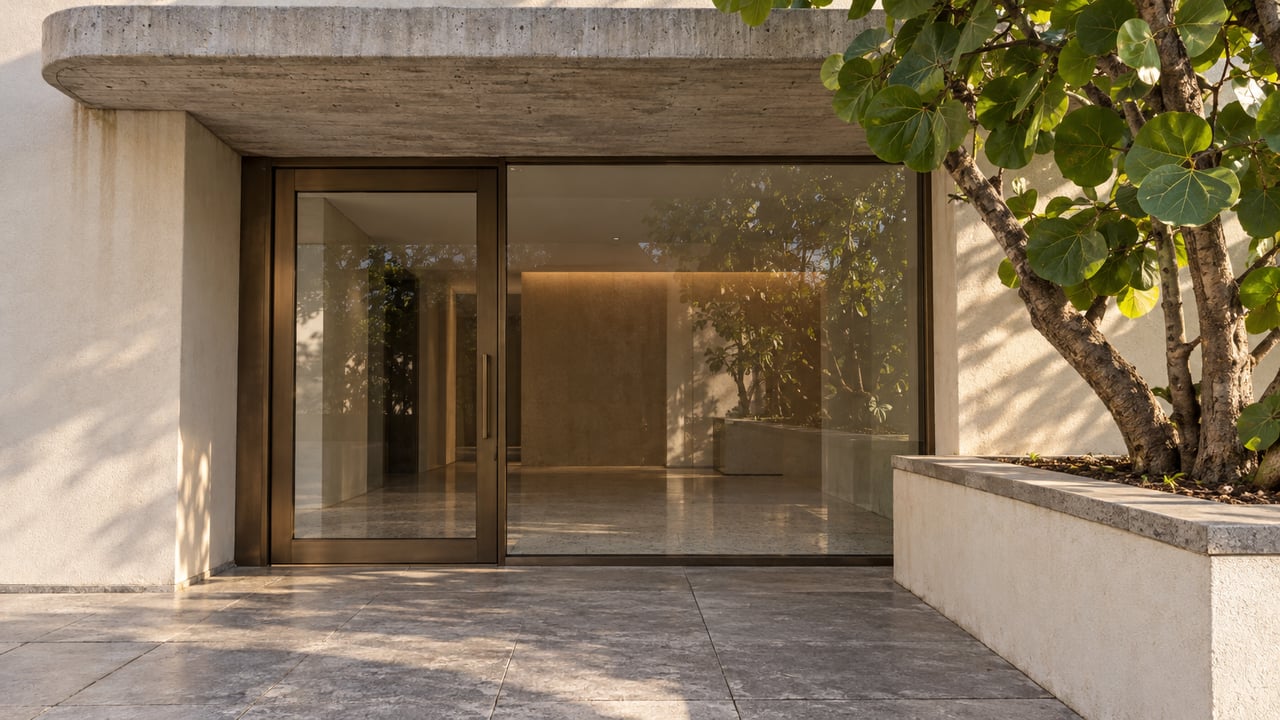 A shaded glass apartment entrance beneath a rounded concrete canopy, with limestone paving and a sea grape tree in a raised masonry planter.